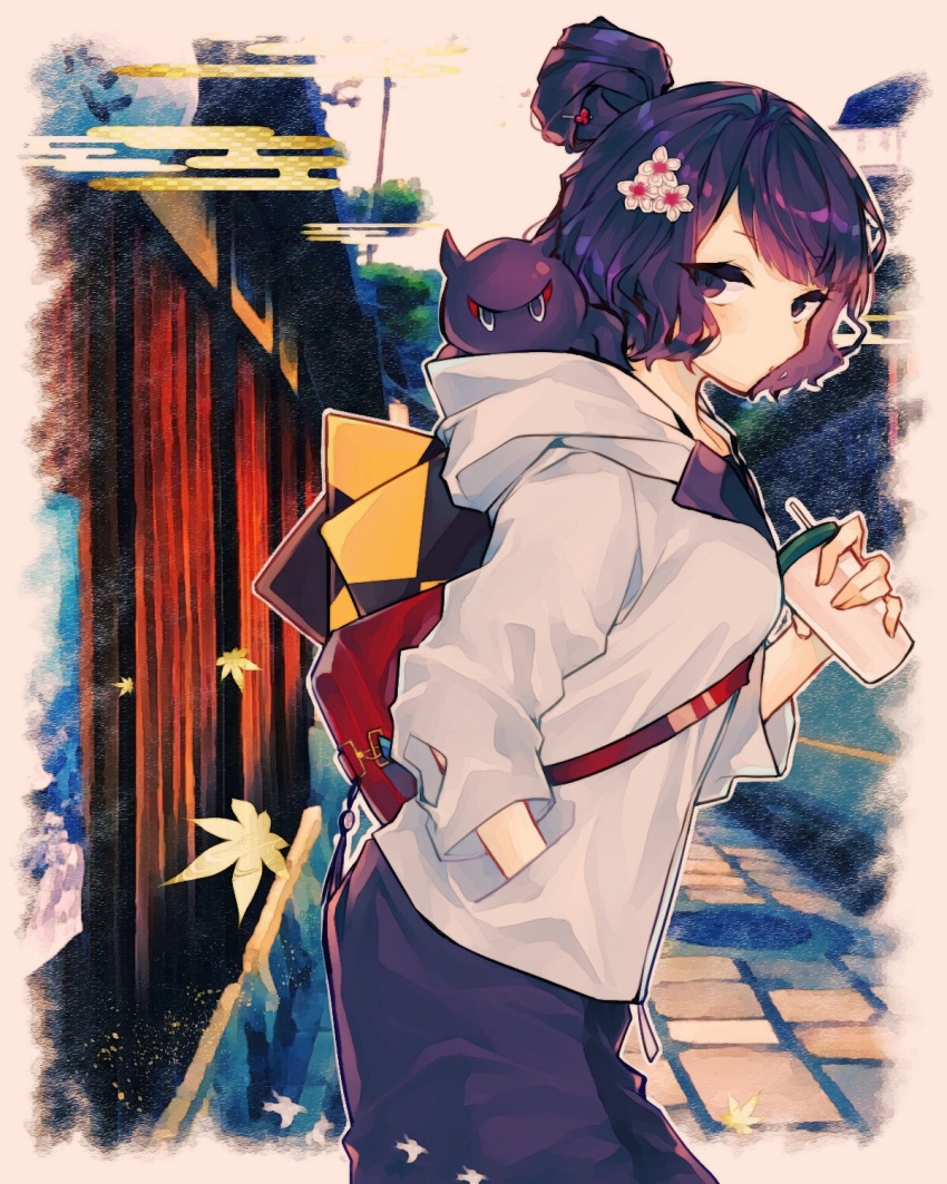 1girl bag black_shirt casual commentary_request contemporary cup dress egasumi fate/grand_order fate_(series) flower from_side hair_bun hair_flower hair_ornament hairclip hand_in_pocket highres holding holding_cup katsushika_hokusai_(fate/grand_order) leaf leaning_forward looking_at_viewer outdoors purple_dress purple_eyes purple_hair shimotsuki_(gomibako) shirt short_hair sketchbook standing tokitarou_(fate/grand_order) tree white_hoodie