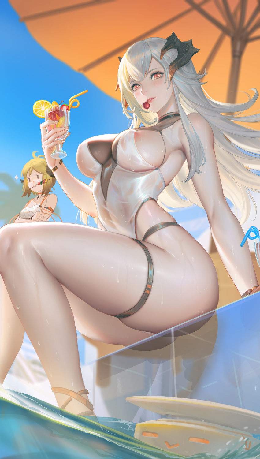2girls absurdres areola_slip areolae arknights bangs bare_shoulders beach_umbrella blue_sky breasts brown_eyes cherry closed_mouth covered_nipples cup day eyebrows_visible_through_hair food fruit highres holding holding_cup horns large_breasts long_hair looking_at_viewer mouth_hold multiple_girls orange_eyes outdoors parted_lips saria_(arknights) sky soaking_feet thigh_strap thighs umbrella wet wet_clothes white_hair youyi_(ww5413203)