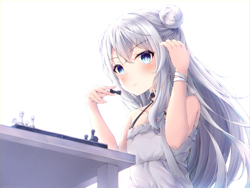 +_+ 1girl absurdres azur_lane bangs bare_shoulders blue_eyes blush board_game chess chess_piece closed_mouth collarbone commentary_request criss-cross_halter dress eyebrows_visible_through_hair flat_chest hair_between_eyes halterneck highres ichizon korean_commentary le_malin_(azur_lane) le_malin_(the_knight's_true_nature)_(azur_lane) long_hair looking_at_viewer ribbon sidelocks silver_hair simple_background sitting sleeveless sleeveless_dress solo symbol-shaped_pupils table very_long_hair white_background white_dress wrist_ribbon