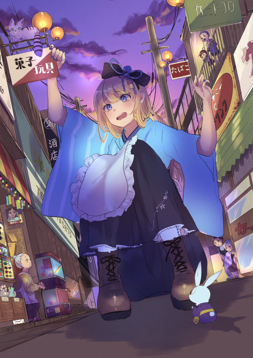 1boy 5girls alice_(wonderland) alice_in_wonderland black_bow black_hakama blonde_hair blue_eyes blue_kimono blue_nails boots bow bunny cane cat cheshire_cat child cross-laced_footwear gashapon_machine giantess grey_hair hair_bow hakama hat highres japanese_clothes kimono lace-up_boots long_hair multiple_girls nail_polish old_woman open_mouth pocket_watch power_lines punya sitting telephone_pole vending_machine watch white_rabbit wide_sleeves wrinkles