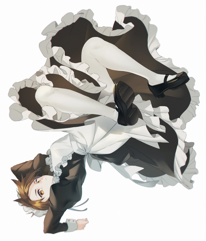 1girl absurdres alternate_costume apron bangs black_clothes black_footwear brown_eyes brown_hair closed_mouth dress full_body highres long_sleeves looking_at_viewer maid maid_apron maid_dress maid_headdress maro_(lij512) overwatch shoes short_hair simple_background solo spiked_hair tracer_(overwatch) white_background white_legwear