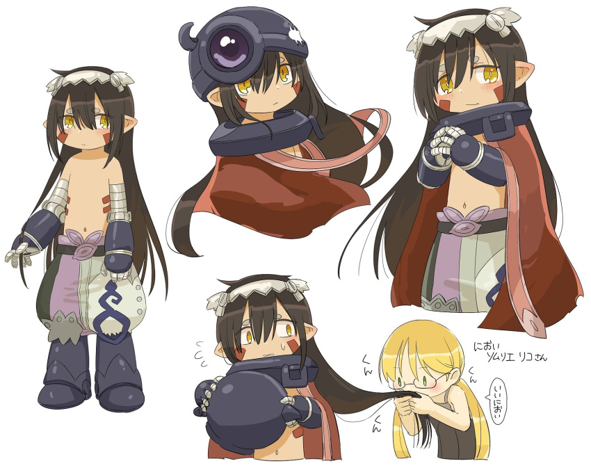 1boy 1girl alternate_hair_length alternate_hairstyle blonde_hair blush brown_eyes brown_hair cape closed_mouth expressionless eyebrows_visible_through_hair facial_mark glasses green_eyes helmet highres kawasemi27 long_hair looking_at_viewer made_in_abyss navel pointy_ears regu_(made_in_abyss) riko_(made_in_abyss) smile speech_bubble translation_request twintails very_long_hair