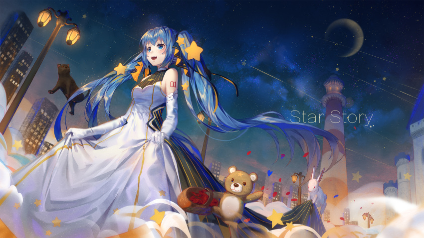 1girl blue_eyes blue_hair bunny cat city copyright_name crescent_moon dress elbow_gloves floating_hair gloves hair_ribbon hatsune_miku highres ji_dao_ji long_hair moon night night_sky number_tattoo open_mouth outdoors ribbon shoulder_tattoo skirt_hold sky star stuffed_animal stuffed_toy tattoo teddy_bear tower twintails very_long_hair vocaloid white_dress white_gloves