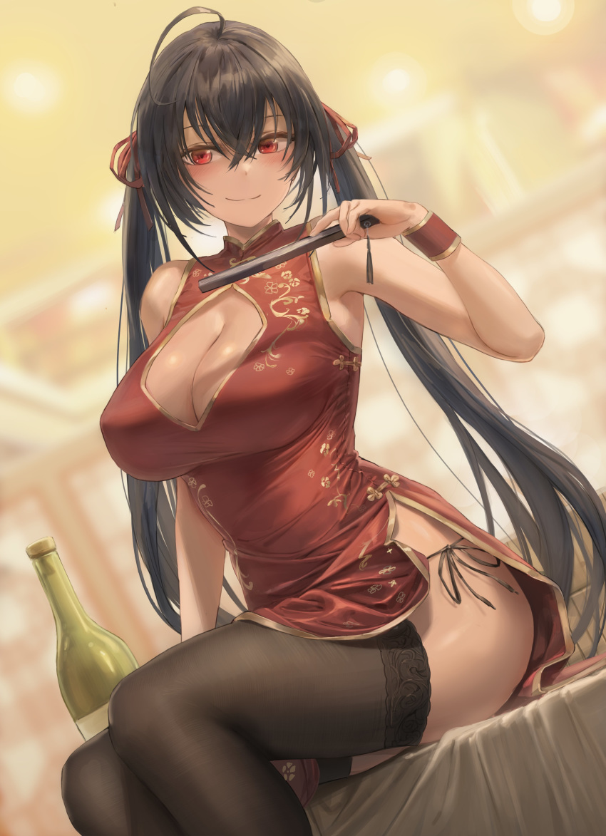 1girl absurdres ahoge arm_at_side azur_lane bangs bare_shoulders black_hair black_legwear blurry blurry_background blush bottle breasts china_dress chinese_clothes cleavage cleavage_cutout closed_mouth cross-eyed dress eyebrows_visible_through_hair fan folding_fan hair_between_eyes hair_ribbon highres holding holding_fan indoors large_breasts long_hair looking_at_viewer no_panties pelvic_curtain red_dress red_eyes red_ribbon ribbon side-tie_dress sidelocks sitting sleeveless smile solo taihou_(azur_lane) thighhighs thighs twintails very_long_hair wristband yohan1754