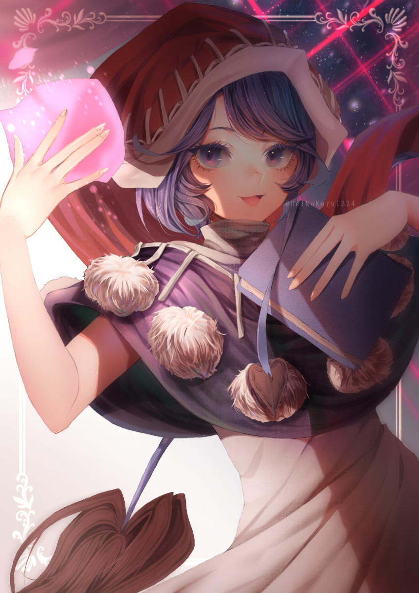 1girl :3 :d arm_up artist_name bangs blue_capelet blue_eyes blue_hair blush book bookmark border capelet doremy_sweet dream_soul dress fingernails glowing hand_up hat heikokuru1224 highres holding holding_book lattice light_particles lips long_fingernails looking_at_viewer looking_to_the_side multicolored multicolored_eyes nightcap open_mouth outstretched_hand pom_pom_(clothes) purple_eyes shiny shiny_skin short_hair smile solo swept_bangs tail tapir_tail tongue touhou turtleneck twitter_username upper_body watermark white_dress