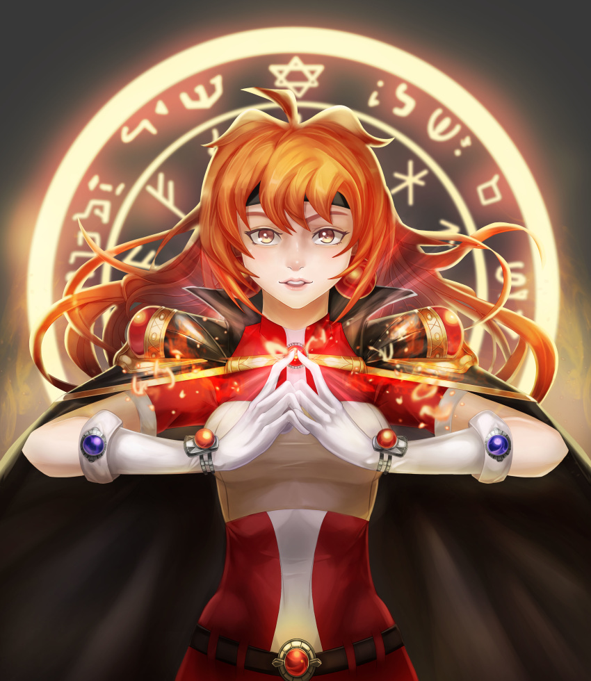 absurdres brown_eyes cape collared_cape cowboy_shot elbow_gloves gloves highres lina_inverse long_hair magic_circle magical_girl nayamer orange_hair parted_lips slayers steepled_fingers white_gloves