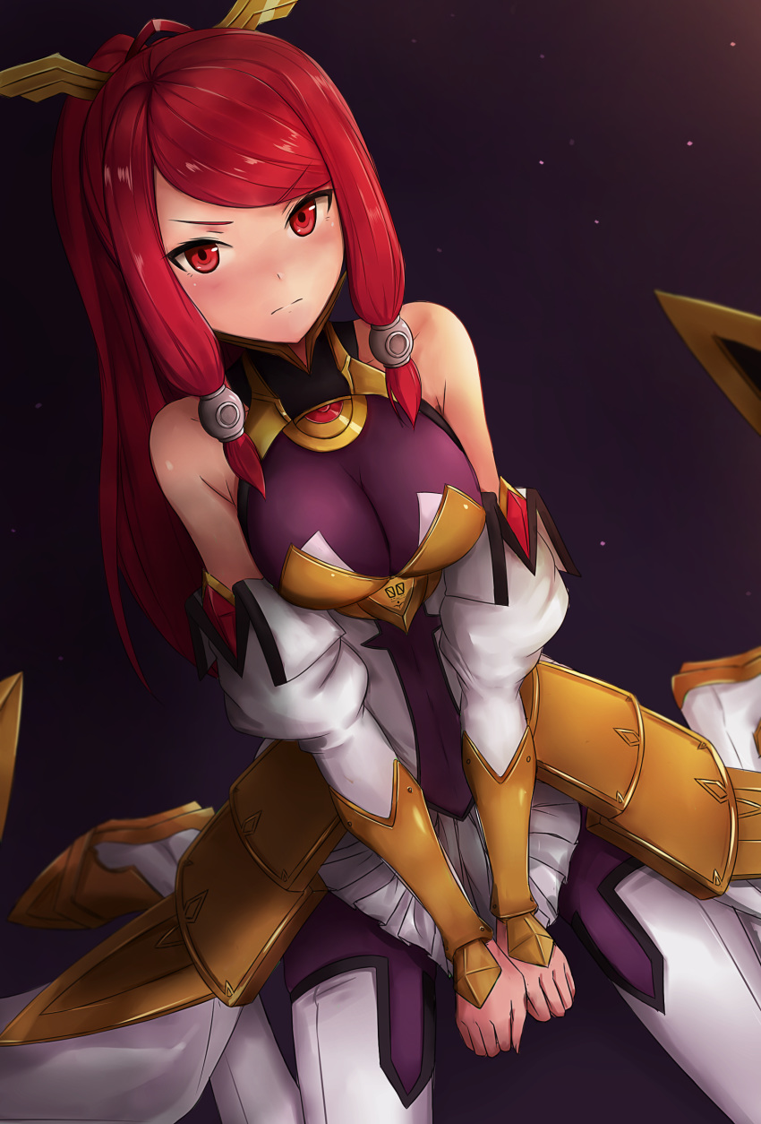 1girl armor armored_dress bare_shoulders between_legs blazblue blush breasts detached_sleeves embarrassed faulds hair_ornament hair_tubes hand_between_legs highres izayoi_(blazblue) large_breasts long_hair looking_at_viewer pantyhose ponytail red_eyes red_hair simple_background sitting skirt solo thighhighs tsubaki_yayoi yoyuki
