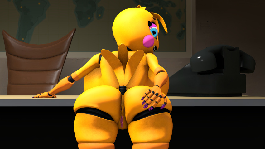 &lt;3 &lt;3_eyes 5_fingers animatronic anus big_butt butt chair digital_media_(artwork) female fingers five_nights_at_freddy's furniture hand_on_butt hi_res inside inviting looking_at_viewer looking_back machine phone pose presenting presenting_anus presenting_hindquarters presenting_pussy pussy raised_tail rear_view robot solo video_games yellow_body