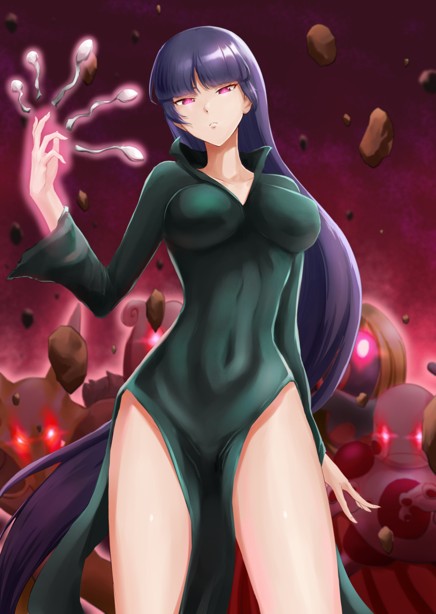 1girl :&lt; alakazam aura bent_spoon black_dress breasts breasts_apart collarbone commentary_request cosplay covered_navel dress floating_rock glowing glowing_eyes head_tilt highres impossible_clothes jojobirdz jynx large_breasts long_dress long_hair looking_at_viewer mr._mime natsume_(pokemon) one-punch_man pokemon purple_eyes purple_hair side_slit solo spoon tatsumaki tatsumaki_(cosplay) taut_clothes taut_dress very_long_hair