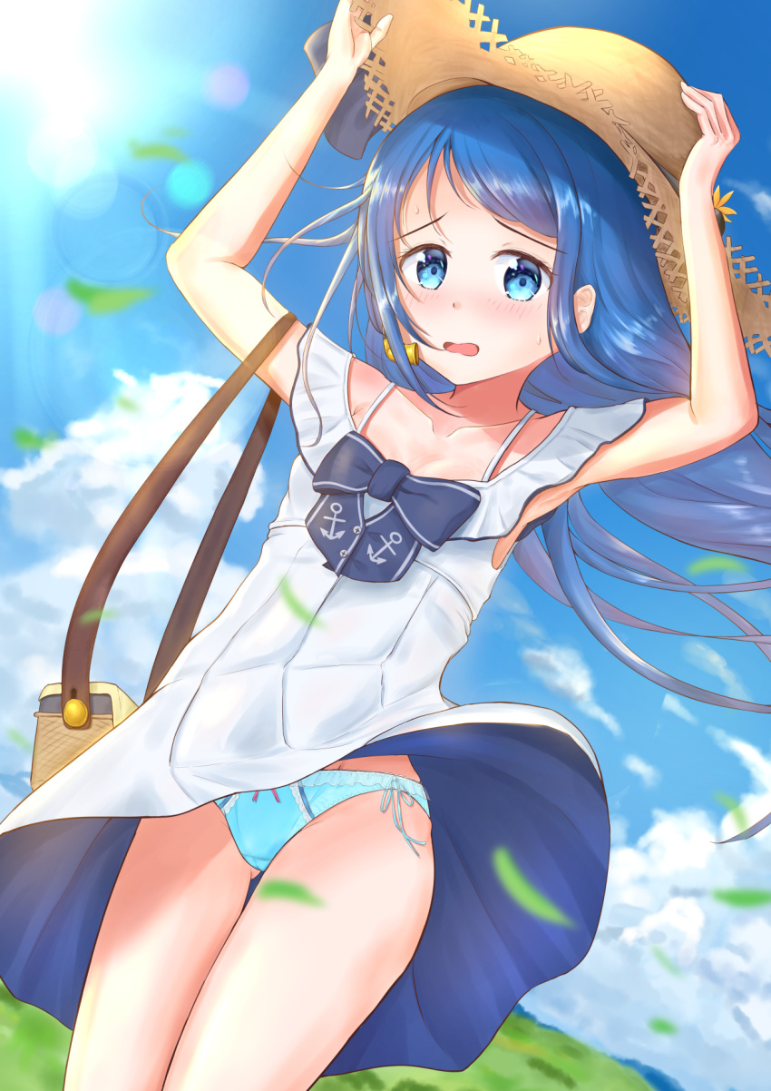 1girl alternate_costume anchor_symbol aomi_one aqua_panties armpits bag bangs blue_eyes blue_hair blurry blurry_background blush bow bow_panties breasts cloud cloudy_sky collarbone commentary_request dress dress_lift eyebrows_visible_through_hair floating_hair frilled_panties frills grass hat highres holding holding_hat kantai_collection light_rays long_hair looking_at_viewer panties pantyshot samidare_(kantai_collection) shoulder_bag sky sleeveless small_breasts solo sun sun_hat sunbeam sunlight swept_bangs underwear very_long_hair white_dress