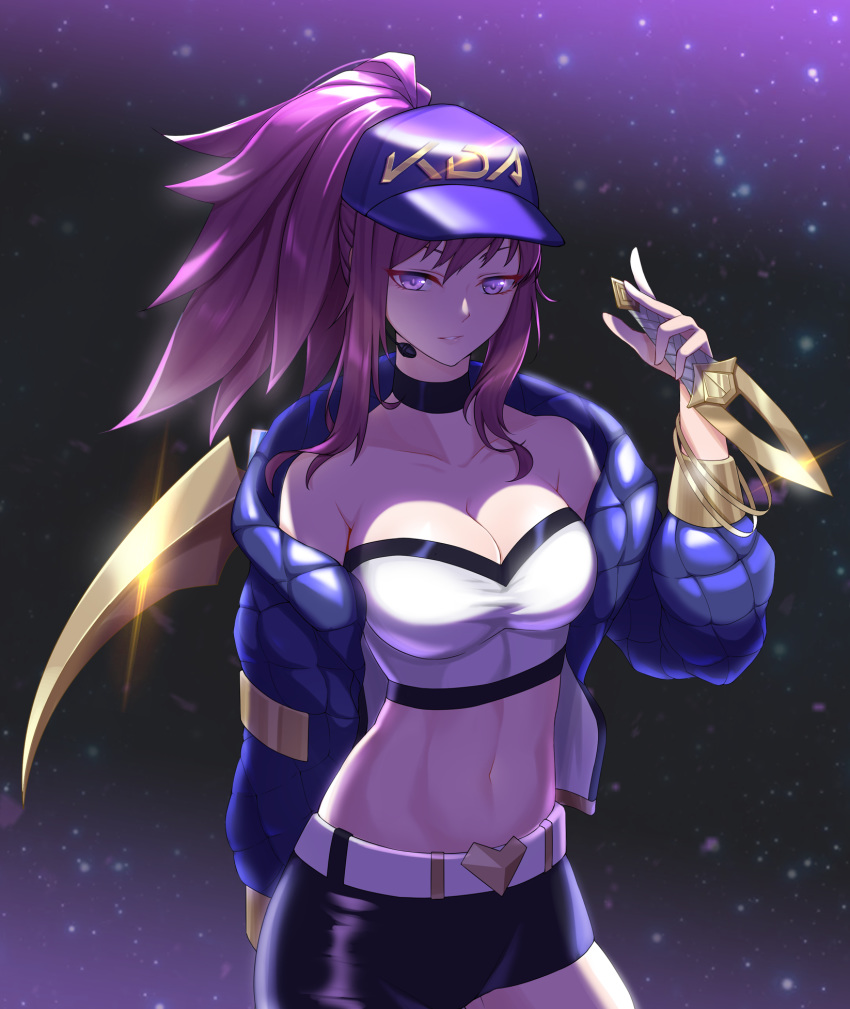 1girl akali bangs baseball_cap belt belt_buckle black_skirt blue_jacket breasts buckle cleavage clothes_writing collarbone commentary crop_top dagger eyebrows_behind_hair glint hair_between_eyes hat headset headwear_writing high_ponytail highres holding holding_dagger holding_weapon jacket k/da_(league_of_legends) k/da_akali large_breasts league_of_legends long_sleeves looking_at_viewer mo_ying_yu navel off_shoulder open_clothes open_jacket parted_lips ponytail puffy_long_sleeves puffy_sleeves purple_eyes purple_hair purple_headwear sidelocks skirt solo v-shaped_eyebrows weapon white_belt