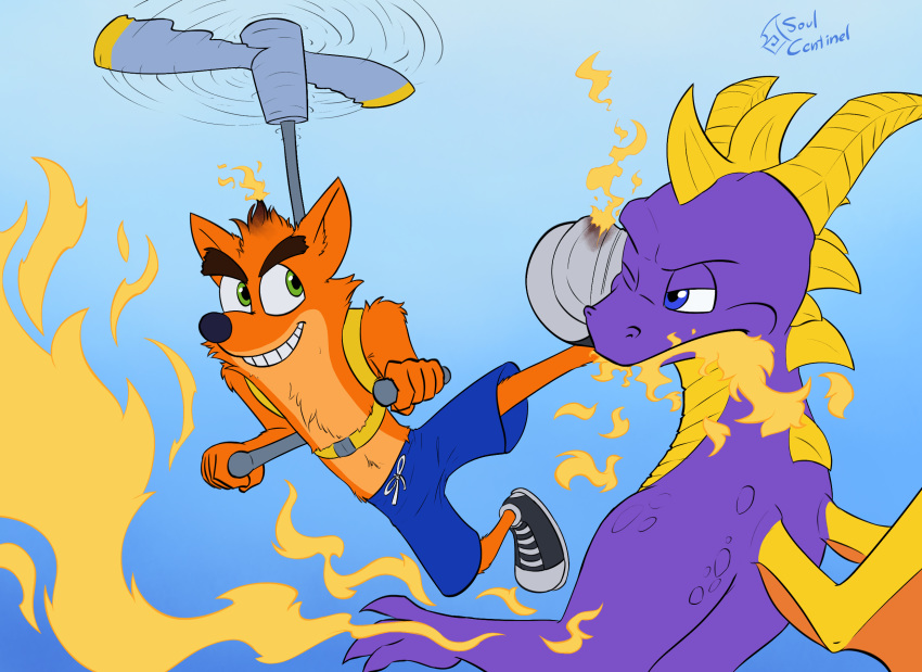 activision bandicoot blue_eyes clothed clothing crash_bandicoot crash_bandicoot_(series) death_battle! dragon fight fire fur hi_res kick male mammal marsupial one_eye_closed orange_body orange_fur propeller purple_body purple_scales scales smile soulcentinel spyro spyro_the_dragon topless video_games yellow_body yellow_skin