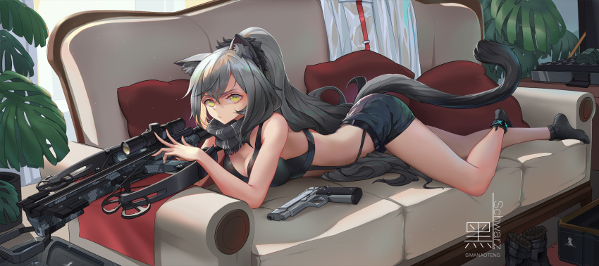 2019 5_fingers animal_humanoid arknights boots breasts butt cat_humanoid clothed clothing crossbow day felid felid_humanoid feline feline_humanoid female fingers footwear fur furniture grey_body grey_fur grey_hair gun hair hi_res holding_object holding_weapon humanoid inner_ear_fluff inside legwear long_hair looking_at_viewer lying mammal mammal_humanoid pillow ranged_weapon scarf schwarz_(arknights) socks sofa solo tuft weapon 司马闹腾