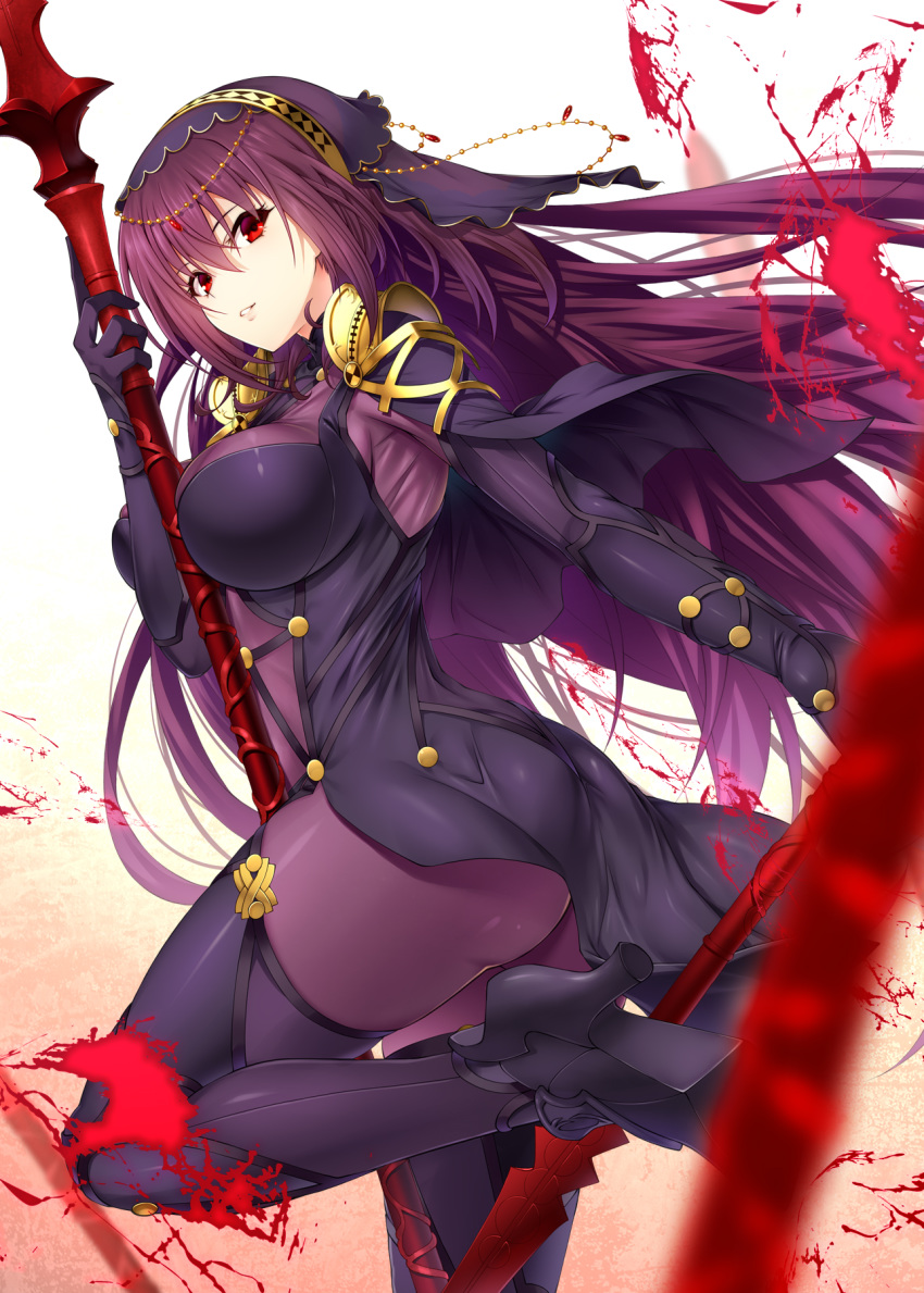 ass bangs bodysuit breasts capelet circlet emanon123 fate/grand_order fate_(series) gae_bolg hair_between_eyes high_heels highres large_breasts long_hair looking_at_viewer parted_lips pauldrons polearm purple_bodysuit purple_hair red_eyes scathach_(fate)_(all) scathach_(fate/grand_order) simple_background solo spear thighs veil weapon white_background