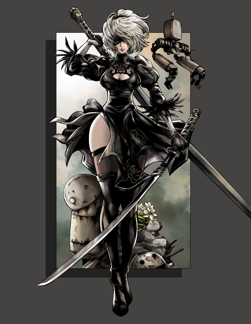 1girl black_blindfold black_dress black_footwear black_hairband blindfold boots breasts cleavage cleavage_cutout closed_eyes covered_eyes dress drone dual_wielding feather-trimmed_sleeves full_body hairband highres holding holding_sword holding_weapon huge_weapon juliet_sleeves legs leotard long_legs long_sleeves machine_(nier) medium_breasts nier_(series) nier_automata no_mole pod_(nier_automata) puffy_sleeves robot sheer_legwear side_slit silver_hair skindentation slender_waist solo sword thigh_boots thighhighs thighhighs_under_boots thighs to-ru virtuous_contract virtuous_treaty walking weapon white_leotard wide_hips wind yorha_no._2_type_b
