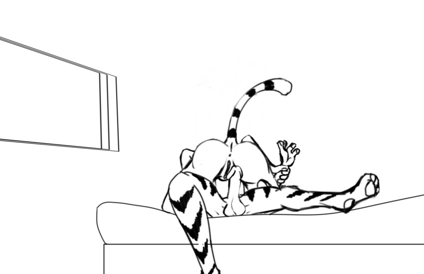 2019 all_fours anthro athletic bed comic cowgirl_position digital_media_(artwork) duo erection felid female furniture hi_res imminent_sex male male/female mammal monochrome nude on_bed on_top pantherine pawpads penis pussy scared sex startled stripes struggling tiger xaskai