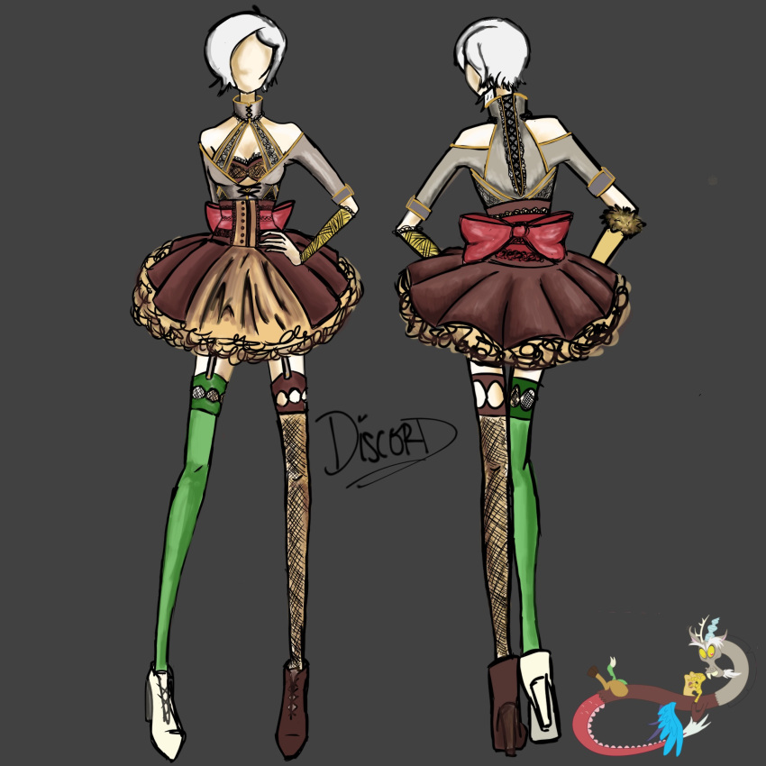 1:1 accessory bottomwear clothing discord_(mlp) draconequus fangs fashion feathered_wings feathers female footwear friendship_is_magic garter garter_belt garter_straps green_clothing green_legwear grey_background hair hand_on_hip hi_res high_heels horn human humanoid legwear long_legs male mammal membrane_(anatomy) membranous_wings mismatched_legwear mismatched_shoes my_little_pony not_furry red_bow red_eyes shoes simple_background skirt solo steffy waist_bow white_hair wings