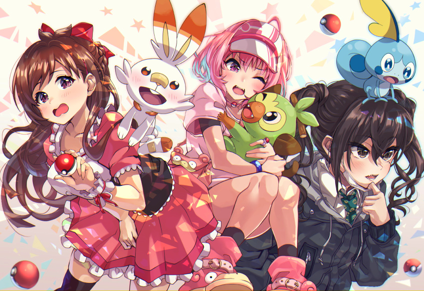 braids brown_hair crossover idolmaster idolmaster_cinderella_girls long_hair pink_hair pokemon short_hair sunazuka_akira tdnd-96 thighhighs tsujino_akari twintails wink yumemi_riamu