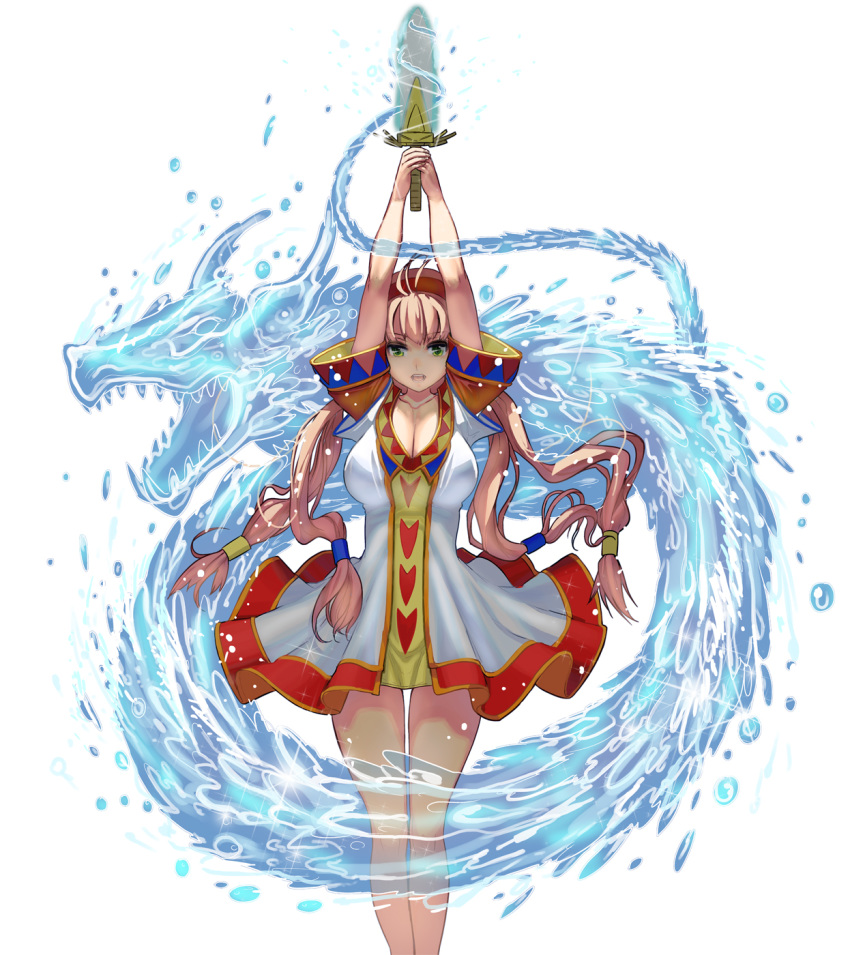 1girl arms_up bangs blonde_hair breasts cleavage dragon dress eastern_dragon eyebrows_visible_through_hair green_eyes hat highres holding holding_weapon large_breasts long_hair masao original quad_tails short_sleeves solo very_long_hair water weapon white_background white_dress
