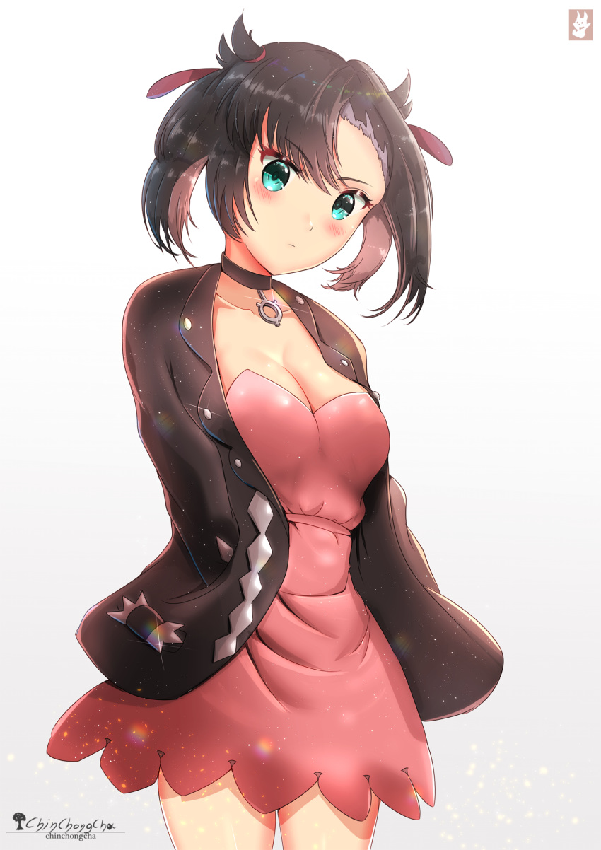 1girl aqua_eyes artist_name asymmetrical_bangs asymmetrical_hair bangs black_choker black_hair black_jacket blush breasts chinchongcha choker cleavage collarbone commentary cowboy_shot dress eyebrows_visible_through_hair gradient gradient_background grey_background hair_ribbon hand_in_pocket head_tilt highres jacket light_particles mary_(pokemon) medium_breasts open_clothes open_jacket pink_dress pointy_hair pokemon pokemon_(game) pokemon_swsh red_ribbon ribbon short_dress silver_trim solo standing strapless strapless_dress twintails undercut white_background