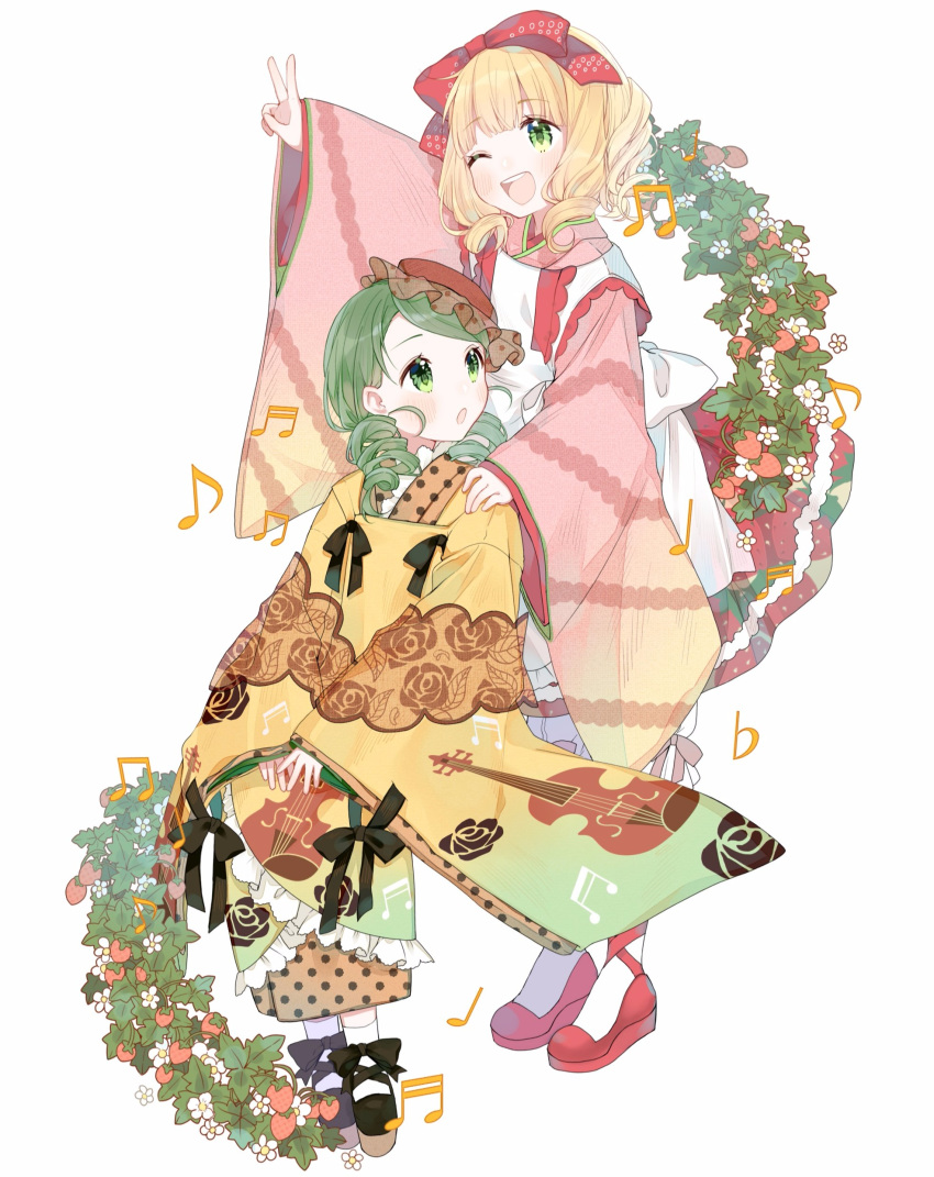 2girls :o ;d absurdres apron arm_up black_footwear blonde_hair bloomers blush drill_hair floral_print flower food fruit full_body green_hair hair_ribbon hat highres hina_ichigo japanese_clothes kakami_(pixiv7616827) kanaria kimono long_sleeves looking_at_another looking_back medium_hair multiple_girls musical_note one_eye_closed open_mouth pantyhose pink_kimono red_footwear red_ribbon ribbon rose_print round_teeth rozen_maiden shoes simple_background sitting smile socks standing strawberry strawberry_blossoms teeth twin_drills underwear v violin_print white_background wide_sleeves yellow_kimono