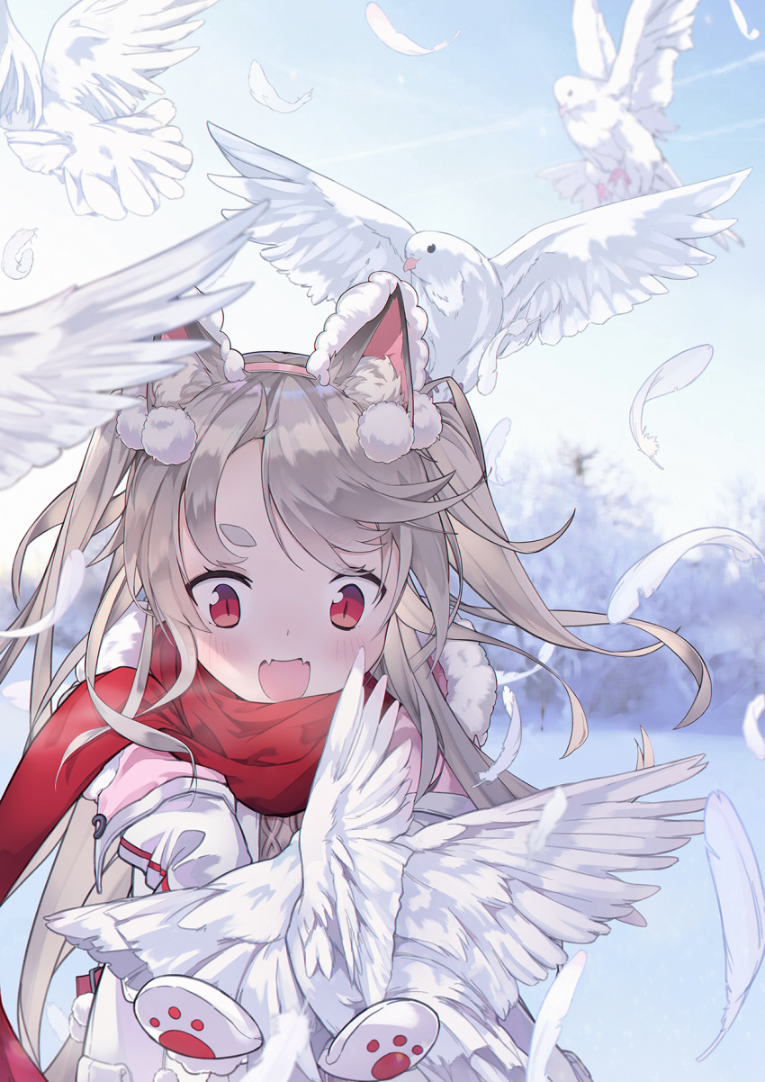 1girl abae animal_ear_fluff animal_ears azur_lane bangs bird blush commentary day dog_ears dove fangs feathers grey_hair hairband highres jacket mittens outdoors red_eyes red_scarf scarf skin_fangs slit_pupils snow solo thick_eyebrows tree two_side_up winter winter_clothes yuudachi_(azur_lane)