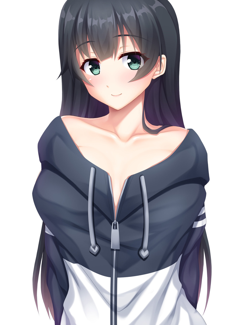 1girl agano_(kantai_collection) arms_behind_back black_hair blush breasts closed_mouth collarbone eyebrows_visible_through_hair green_eyes hair_between_eyes highres hood hoodie kantai_collection large_breasts long_hair looking_at_viewer naked_hoodie ruin_re_birth simple_background smile zipper