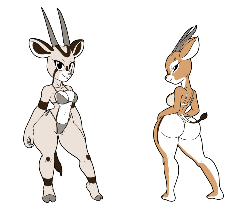 antelope baikoko_island_(tansau) big_butt big_head bikini bovid breasts butt cleavage clothed clothing cloven_hooves duo female gazelle grant's_gazelle grazing_antelope hands_on_hips hooves horn long_horns looking_at_viewer mammal nanger oryx smile swimwear tansau thick_thighs true_antelope wide_hips