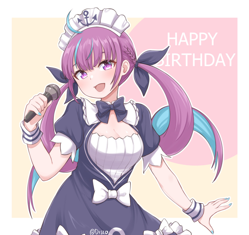 1girl absurdres ahoge aqua_nails bangs blush braid breasts cleavage commentary disco_brando english_commentary english_text french_braid hair_ribbon happy_birthday head_tilt highres holding holding_microphone hololive large_breasts maid_headdress microphone minato_aqua multicolored_hair nail_polish neck_ribbon open_mouth purple_eyes purple_hair ribbon short_sleeves sidelocks solo standing streaked_hair twintails twitter_username virtual_youtuber wrist_cuffs