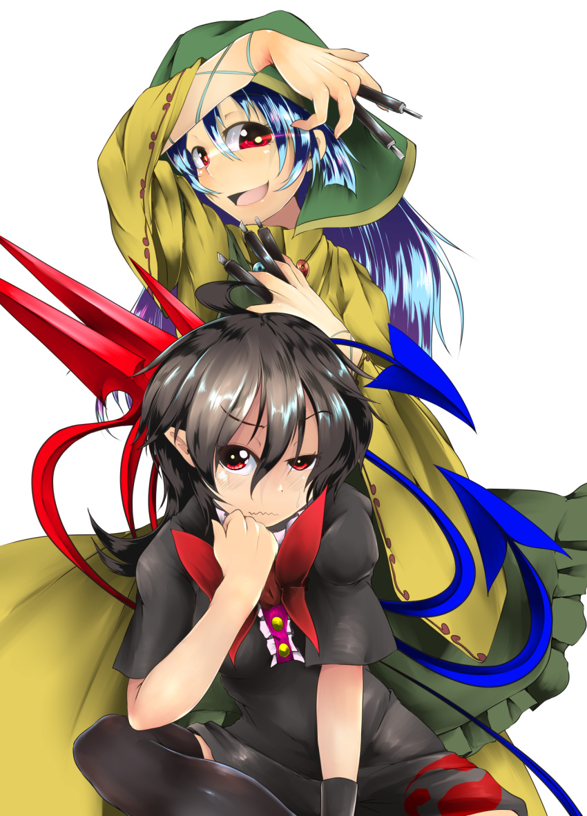 2girls ahoge apron arm_ribbon arm_up asymmetrical_wings behind_another between_fingers black_dress black_hair black_legwear blue_hair bow bowtie bright_pupils chisel commentary_request dress elbow_on_knee eyebrows_visible_through_hair green_hood grimace hair_between_eyes hand_on_own_chest hand_on_own_chin haniyasushin_keiki head_tilt highres hood houjuu_nue leaning_to_the_side long_hair long_sleeves looking_at_viewer medium_hair multiple_girls open_mouth red_eyes red_neckwear ribbon shiny shiny_hair short_dress short_sleeves sitting smile sweatdrop teinba thighhighs touhou uneven_eyes very_long_hair wavy_mouth wings wrist_cuffs yellow_dress