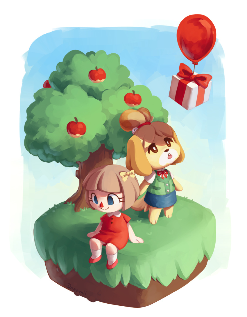 2019 accessory animal_crossing anthro apple balloon bow canid canine canis clothing domestic_dog duo female floppy_ears food footwear fruit grass hair hair_accessory hi_res human isabelle_(animal_crossing) mammal nintendo open_mouth plant sitting smile stardust-dreamii tree video_games villager_(animal_crossing)
