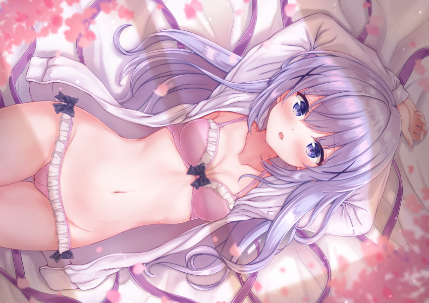 blush bra breasts cameltoe cleavage gochuumon_wa_usagi_desu_ka? kafuu_chino long_hair navel open_shirt panties purple_eyes sakuraume underwear