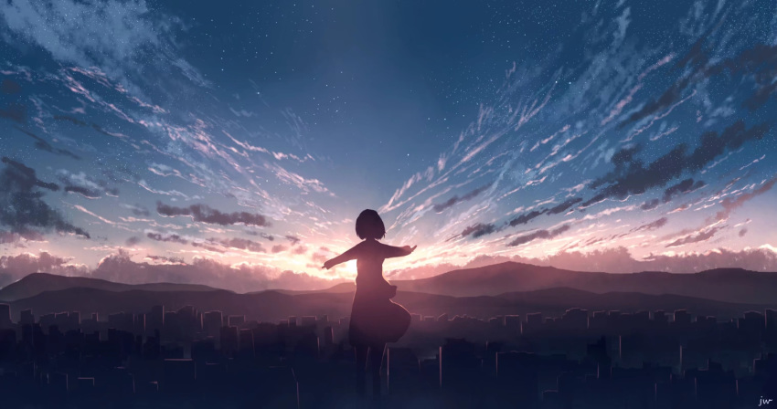 1girl backlighting building chinese_commentary city city_below cloud cloudy_sky commentary_request dark_clouds dress evening facing_away fog from_behind gradient_sky hill horizon landscape long_sleeves medium_hair mountain mountainous_horizon original outdoors outstretched_arms scenery signature silhouette sky skyrick9413 skyscraper solo star_(sky) starry_sky sun sunlight twilight wide_shot wind