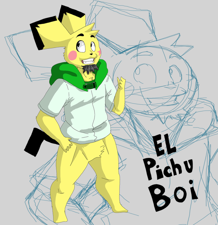 anleo_the_pichu anthro beard bottomless clothed clothing facial_hair grey_background hoodie mc_morrales nintendo pichu pok&eacute;mon pok&eacute;mon_(species) simple_background sketch_background smile topwear video_games