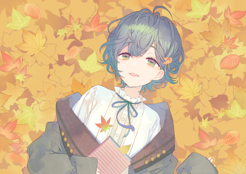 autumn book green_eyes green_hair kuroyuki leaves original short_hair