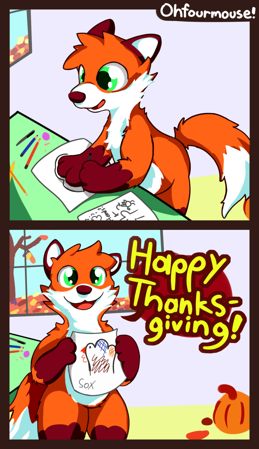 2019 absurd_res autumn brown_body brown_fur canid canine comic creating_art desk drawing english_text eraser food fox fruit fur furniture green_eyes hi_res holidays leaf mammal ohfourmouse orange_body orange_fur paper pencil_(object) plant pumpkin text thanksgiving tree white_body white_fur window