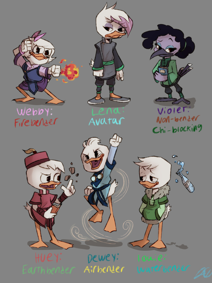 anatid anseriform avian bird clothing crossover dewey_duck disney duck ducktales ducktales_(2017) hi_res huey_duck hummingbird jen-iii lena_(ducktales) louie_duck violet_sabrewing webby_vanderquack