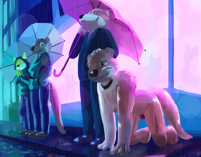 all_fours badger bdsm chastity_cage chastity_device collar hi_res leash lutrine mammal mustelid musteline night nude petplay raining roleplay sexotheque umbrella unknown_species