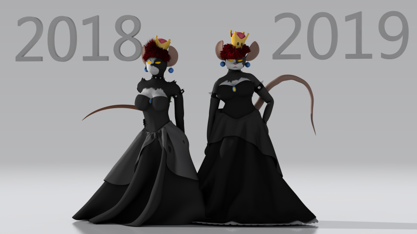 16:9 3d_(artwork) 3drender bottomwear bowsette_meme breasts c4d cinema4d clothing crown digital_media_(artwork) dress female hi_res invalid_tag longdress mammal mario_bros murid murine nintendo pose rat rodent sassy skeletorskeletonized skirt super_crown video_games