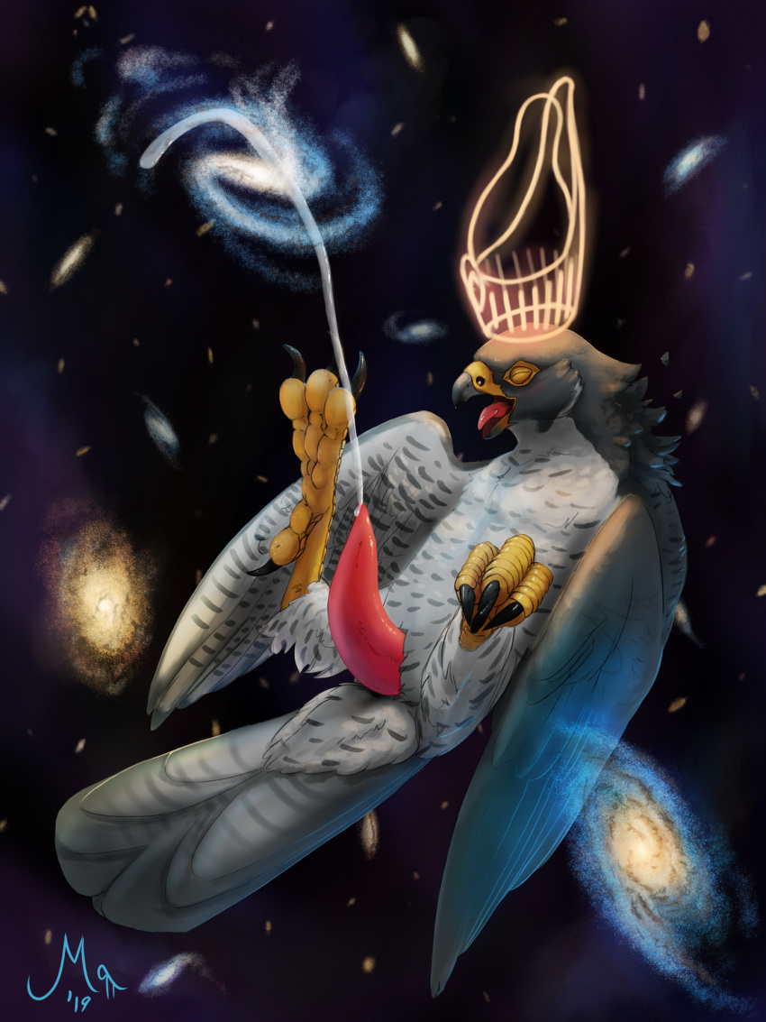 2019 avian beak bird bodily_fluids cum cumshot deity egyptian_mythology ejaculation erection eyes_closed falcon falconid feathers feral floating galaxy genital_fluids grey_body grey_feathers halo hands-free hi_res horus interplanetary_macro looking_pleasured magpi male midair middle_eastern_mythology mythology open_mouth orgasm penis solo space spontaneous_orgasm spots spotted_body spotted_feathers talons tapering_penis tongue tongue_out wings