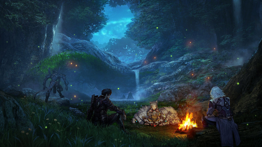 1girl 4boys :3 animal_ears armor black_hair byakko_(xenoblade) campfire cat_ears cliff closed_eyes fire forest grass highres kakotomirai metsu_(xenoblade) multiple_boys nature night night_sky niyah outdoors rock scenery shin_(xenoblade) sitting_on_log sky star_(sky) starry_sky tail tree water waterfall white_hair xenoblade_(series) xenoblade_2 zantetsu_(xenoblade)