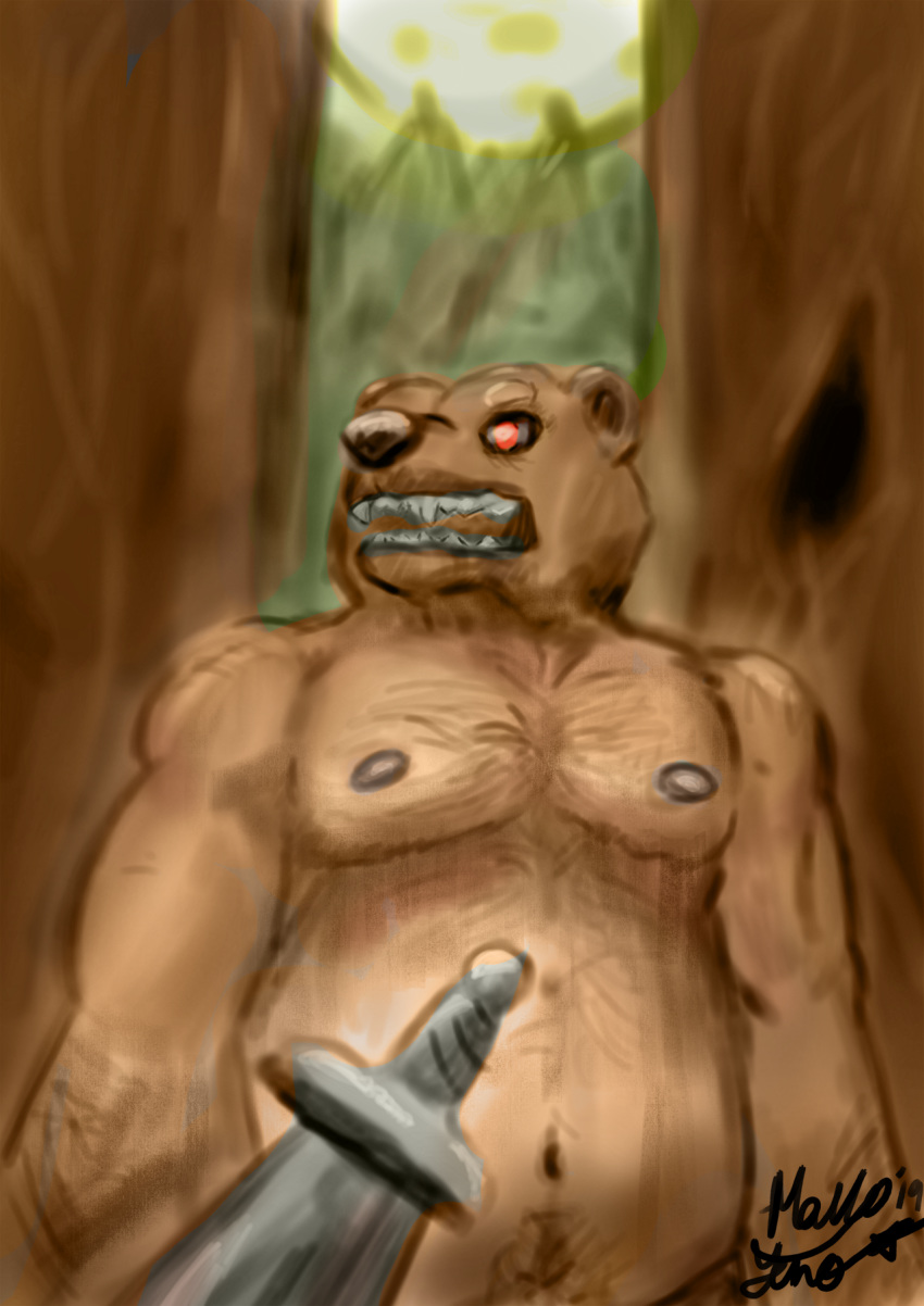 2019 anthro body_hair clothed clothing digital_media_(artwork) fur hi_res male malle_yeno mammal musclegut muscular muscular_male nipples open_mouth overweight overweight_male pecs solo teeth transformation ursid