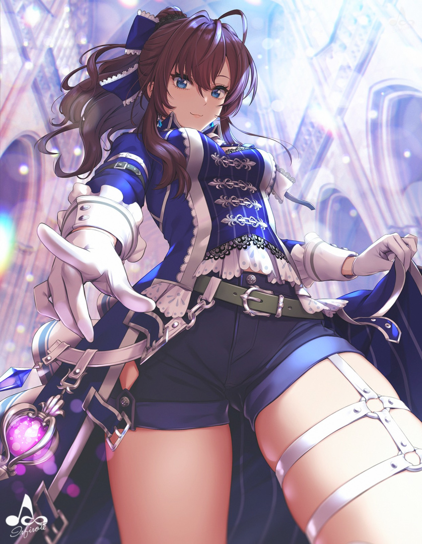 1girl :3 ahoge arm_strap bangs belt blue_coat blue_eyes blue_shorts blush breasts buckle coat collared_coat cowboy_shot earrings gloves highres ichinose_shiki idolmaster idolmaster_cinderella_girls infinote jewelry long_hair looking_at_viewer medium_breasts open_clothes open_coat pointing pointing_at_viewer purple_hair shorts sidelocks signature smile solo thigh_strap thighs wavy_hair white_gloves