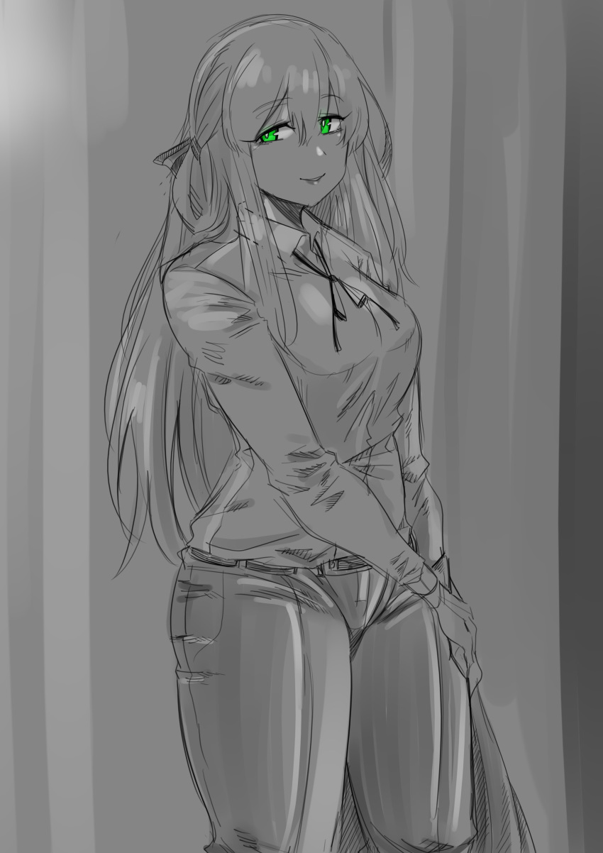 1girl absurdres breasts girls_frontline green_eyes greyscale haho highres large_breasts long_hair m1903_springfield_(girls_frontline) monochrome neck_ribbon pants ribbon smile solo spot_color thighs tight tight_pants