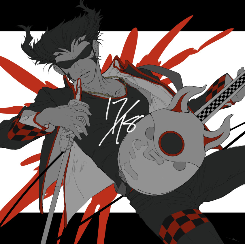 1boy absurdres black_shirt checkered flat_color grey_skin guitar highres instrument jacket kuwagatatsuya letterboxed male_focus microphone_stand omutsu_(shina94) parted_lips pointy_hair shirt show_by_rock!! solo sunglasses