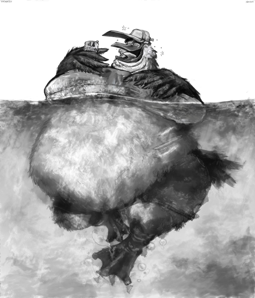 alcohol anatid anseriform anserinae anthro aokmaidu avian beak beer belly beverage beverage_can big_belly bird canada_goose clothed clothing double_chin drunk eyewear feathered_wings feathers glasses goose greyscale hat headgear headwear hi_res holding_beverage holding_object male membrane_(anatomy) monochrome obese obese_male open_mouth open_smile overweight overweight_male partially_submerged smile solo substance_intoxication swim_ring swimming swimming_trunks swimwear thick_thighs tongue topless water webbed_feet wings