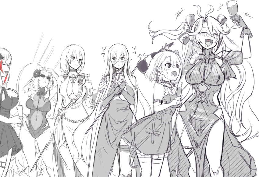 6+girls ^_^ ^o^ azur_lane bismarck_(azur_lane) bismarck_(beacon_of_the_ironblood)_(azur_lane) blush bottle breasts champagne_flute cleavage closed_eyes cup drinking_glass epaulettes flower graf_zeppelin_(azur_lane) graf_zeppelin_(beachside_urd)_(azur_lane) hair_between_eyes hair_flower hair_ornament hey_taishou highres innertube monochrome multiple_girls navel one-piece_swimsuit prinz_eugen_(azur_lane) prinz_eugen_(cordial_cornflower)_(azur_lane) roon_(azur_lane) roon_(dark_red_grin)_(azur_lane) see-through short_hair smile sunglasses sweatdrop swimsuit twintails wine_glass z23_(azur_lane) z23_(the_banquet's_honor_student)_(azur_lane)