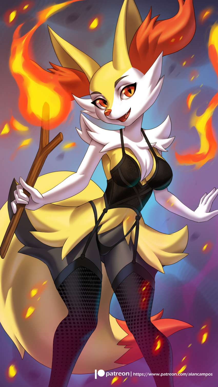 2019 4_fingers absurd_res alanscampos amber_eyes anthro braixen breasts canid clothed clothing digital_media_(artwork) dipstick_tail edit fangs female fingers fire hi_res holding_object inner_ear_fluff lingerie looking_at_viewer mammal multicolored_tail nintendo open_mouth open_smile patreon pok&eacute;mon pok&eacute;mon_(species) smile solo stick text tuft url video_games