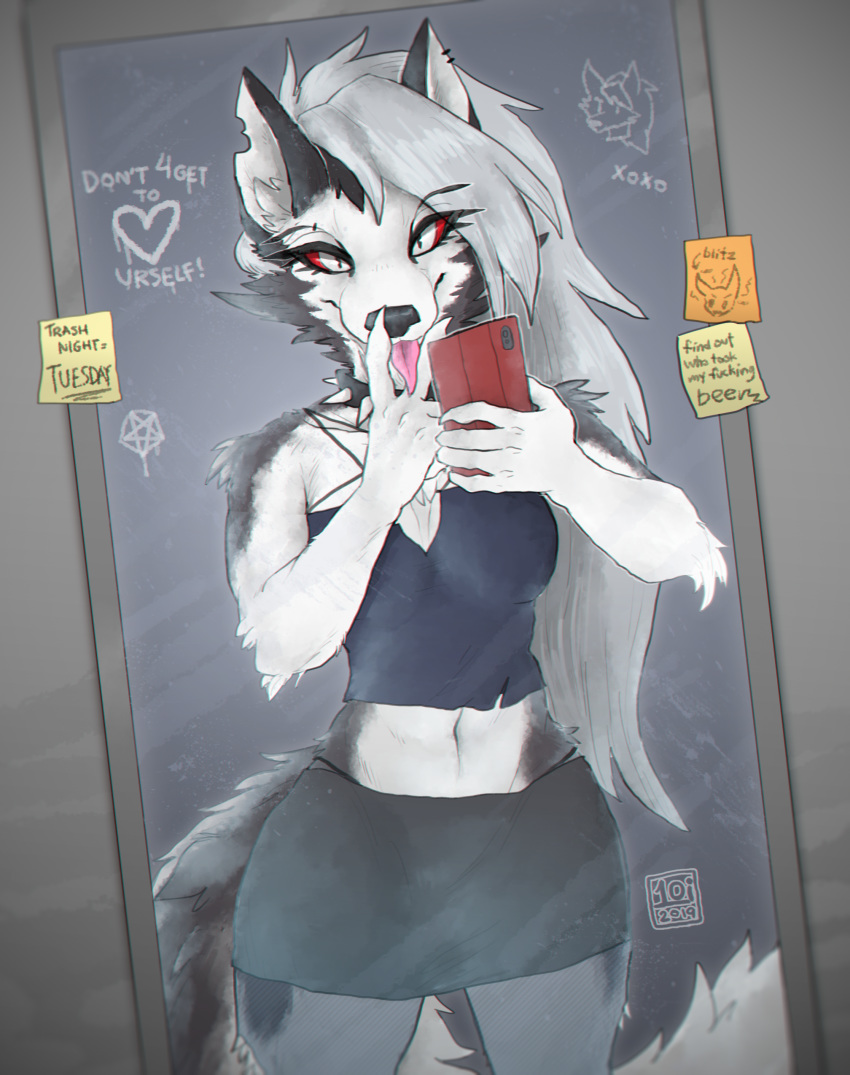 1oi 2019 5_fingers absurd_res anthro breasts canid canid_demon canine canis clothed clothing collar cunnilingus_gesture demon female fingers fur gesture grey_hair hair hellhound helluva_boss hi_res holding_object holding_phone long_hair looking_at_viewer loona_(vivzmind) mammal mirror phone red_sclera solo spiked_collar spikes suggestive suggestive_gesture tongue tongue_out white_body white_eyes white_fur wolf