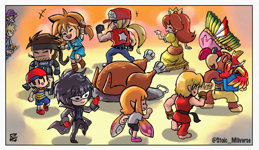 amamiya_ren animal animal_ears bag bandana banjo-kazooie banjo_(banjo-kazooie) bear bird black_hair blonde_hair blue_eyes blush capcom chibi closed_eyes coat crown dancing dougi dress facial_hair fatal_fury feathers fire geno_(mario) gloves golden_sun hat highres inkling kazooie_(banjo-kazooie) ken_masters kirby kirby_(series) konami link long_hair mario_(series) mask metal_gear_(series) metal_gear_solid mother_(game) mother_2 multiple_boys mustache ness persona persona_5 ponytail princess_daisy robin_(golden_sun) short_hair shorts solid_snake splatoon_(series) splatoon_1 stoic_miiverse stoic_seraphim street_fighter super_smash_bros. terry_bogard thanksgiving the_king_of_fighters the_legend_of_zelda the_legend_of_zelda:_breath_of_the_wild waluigi